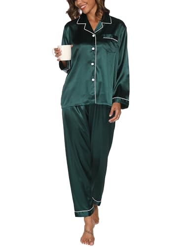 Reliwel Satin Pyjama Damen mit Knopfleiste Zweiteiliger Schlafanzug Langarm Pyjamas Set V-Ausschnitt Nachtwäsche Cozy Klassische Loungewear Hausanzug für Alle Jahreszeiten von Reliwel