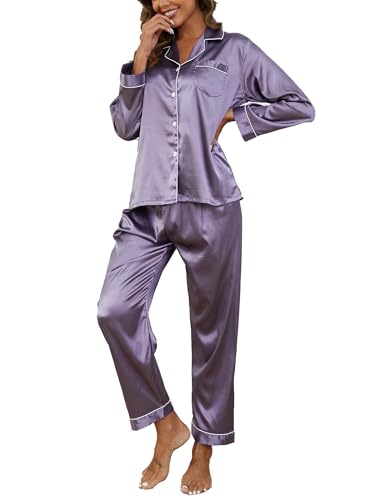 Reliwel Satin Schlafanzug Damen Langarm Pyjama Set mit Knopfleiste V-Ausschnitt Zweiteiliger Nachtwäsche Weiche Seiden Pyjamas Klassische Loungewear Hausanzug Pjs Lila, XL von Reliwel