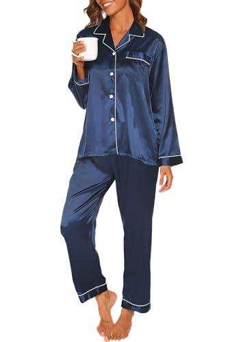Reliwel Satin Schlafanzug Damen Langarm Pyjama Set mit Knopfleiste V-Ausschnitt Zweiteiliger Nachtwäsche Weiche Seiden Pyjamas Klassische Loungewear Hausanzug Pjs Navy blau, M von Reliwel