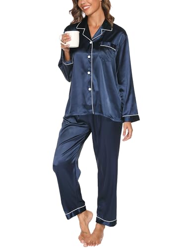 Reliwel Satin Pyjama Damen mit Knopfleiste Zweiteiliger Schlafanzug Langarm Pyjamas Set V-Ausschnitt Nachtwäsche Cozy Klassische Loungewear Hausanzug für Alle Jahreszeiten von Reliwel