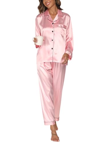Satin Schlafanzug Damen Langarm Pyjama Set mit Knopfleiste V-Ausschnitt Zweiteiliger Nachtwäsche Weiche Seiden Pyjamas Klassische Loungewear Hausanzug Pjs Rosa, L von Reliwel
