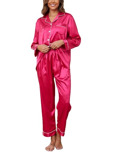 Reliwel Satin Schlafanzug Damen Langarm Pyjama Set mit Knopfleiste V-Ausschnitt Zweiteiliger Nachtwäsche Weiche Seiden Pyjamas Klassische Loungewear Hausanzug Pjs Rosarot, S von Reliwel
