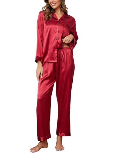 Reliwel Satin Pyjama Damen mit Knopfleiste Zweiteiliger Schlafanzug Langarm Pyjamas Set V-Ausschnitt Nachtwäsche Cozy Klassische Loungewear Hausanzug für Alle Jahreszeiten von Reliwel