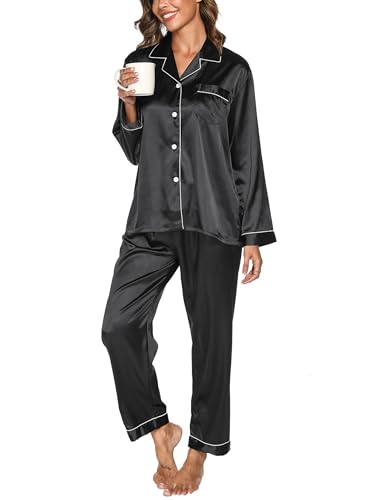 Reliwel Satin Pyjama Damen mit Knopfleiste Zweiteiliger Schlafanzug Langarm Pyjamas Set V-Ausschnitt Nachtwäsche Cozy Klassische Loungewear Hausanzug für Alle Jahreszeiten von Reliwel