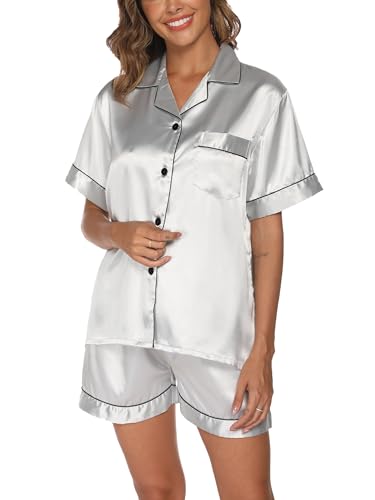 Reliwel Schlafanzug Damen Satin Pyjama Damen Kurz Set mit Knopfleiste V-Ausschnitt Zweiteiliger Pjs Sets Seide Nachtwäsche Kurzarm Sommer Hemdpyjama Hausanzug S-XXL von Reliwel