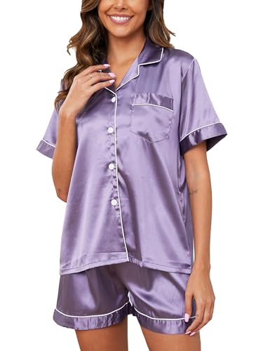Reliwel Schlafanzug Damen Satin Pyjama Damen Kurz Set mit Knopfleiste V-Ausschnitt Zweiteiliger Pjs Sets Seide Nachtwäsche Kurzarm Sommer Hemdpyjama Hausanzug S-XXL von Reliwel