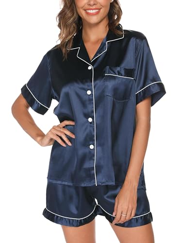 Reliwel Schlafanzug Damen Satin Pyjama Damen Kurz Set mit Knopfleiste V-Ausschnitt Zweiteiliger Pjs Sets Seide Nachtwäsche Kurzarm Sommer Hemdpyjama Hausanzug S-XXL von Reliwel