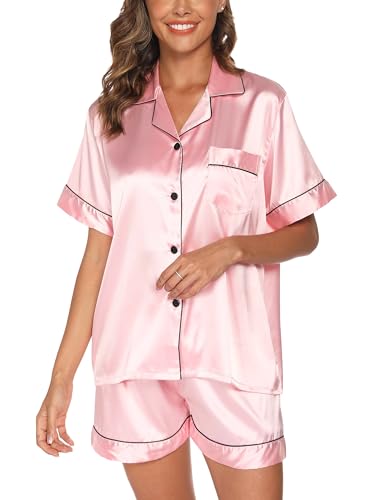Reliwel Schlafanzug Damen Satin Pyjama Damen Kurz Set mit Knopfleiste V-Ausschnitt Zweiteiliger Pjs Sets Seide Nachtwäsche Kurzarm Sommer Hemdpyjama Hausanzug S-XXL von Reliwel