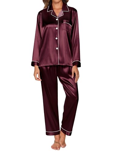 Reliwel Satin Schlafanzug Damen Langarm Pyjama Set mit Knopfleiste V-Ausschnitt Zweiteiliger Nachtwäsche Weiche Seiden Pyjamas Klassische Loungewear Hausanzug Pjs Tiefes Weinrot, XL von Reliwel