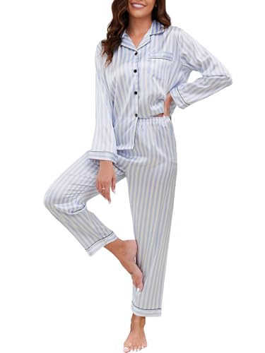 Reliwel Satin Schlafanzug Damen Langarm Pyjama Set mit Knopfleiste V-Ausschnitt Zweiteiliger Nachtwäsche Weiche Seiden Pyjamas Klassische Loungewear Hausanzug Pjs Blaue Streifen, L von Reliwel