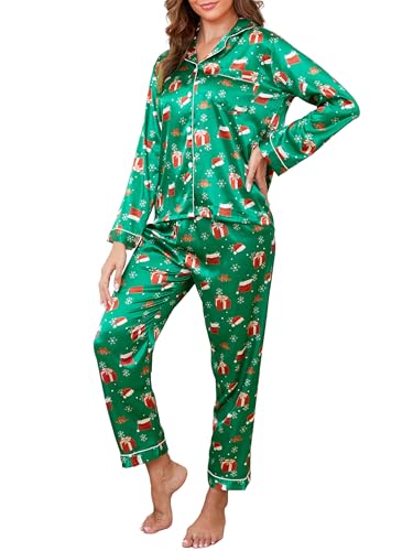 Reliwel Satin Schlafanzug Damen Langarm Pyjama Set mit Knopfleiste V-Ausschnitt Zweiteiliger Nachtwäsche Weiche Seiden Pyjamas Klassische Loungewear Hausanzug Pjs Grüner Aufdruck, L von Reliwel