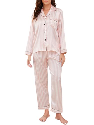 Reliwel Satin Schlafanzug Damen mit Knopfleiste Langarm Zweiteiliger Pyjama Damen Lang V-Ausschnitt Nachtwäsche Cozy Klassische Loungewear Hausanzug Pjs für Alle Jahreszeiten von Reliwel