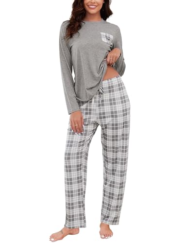 Reliwel Schlafanzug Damen Lang Baumwolle Kariert Pyjama Damen Zweiteiliger Nachtwäsche Larmshirt & Karierte Pyjamahose mit Taschen Sleepwear Freizeitanzug für Frühling Herbst Grey, XL von Reliwel