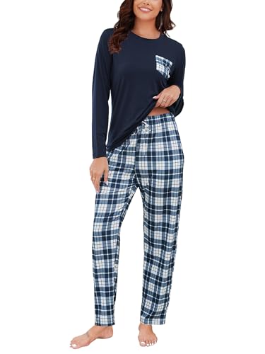 Reliwel Schlafanzug Damen Lang Baumwolle Kariert Pyjama Damen Zweiteiliger Nachtwäsche Larmshirt & Karierte Pyjamahose mit Taschen Sleepwear Freizeitanzug für Frühling Herbst Navy blau, L von Reliwel