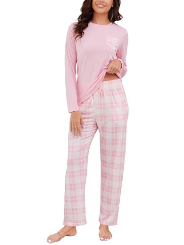 Reliwel Schlafanzug Damen Lang Baumwolle Kariert Pyjama Damen Zweiteiliger Nachtwäsche Larmshirt & Karierte Pyjamahose mit Taschen Sleepwear Freizeitanzug für Frühling Herbst Rosa, M von Reliwel