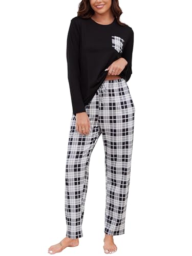 Reliwel Schlafanzug Damen Lang Baumwolle Kariert Pyjama Damen Zweiteiliger Nachtwäsche Larmshirt & Karierte Pyjamahose mit Taschen Sleepwear Freizeitanzug für Frühling Herbst Schwarz, XL von Reliwel