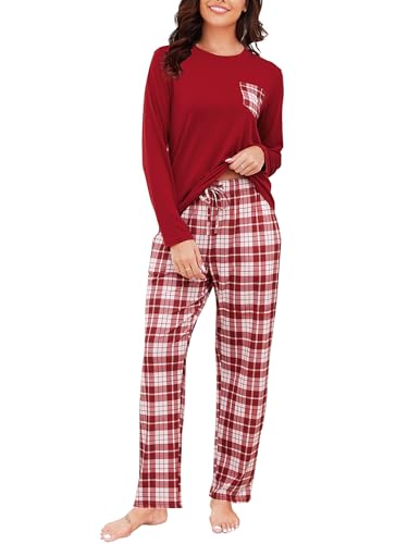 Reliwel Schlafanzug Damen Lang Baumwolle Kariert Pyjama Damen Zweiteiliger Nachtwäsche Larmshirt & Karierte Pyjamahose mit Taschen Sleepwear Freizeitanzug für Frühling Herbst Weinrot, XL von Reliwel