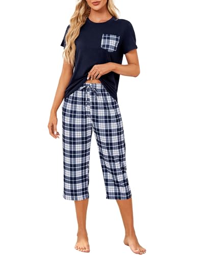 Reliwel Schlafanzug Damen Kariert Kurzarm Pyjama Set Zweiteiliger Top und 3/4 Lang Hose Pyjama Damen Kurz Hausanzug Sleepwear Nachtwäsche für Frühling Sommer Herbst von Reliwel