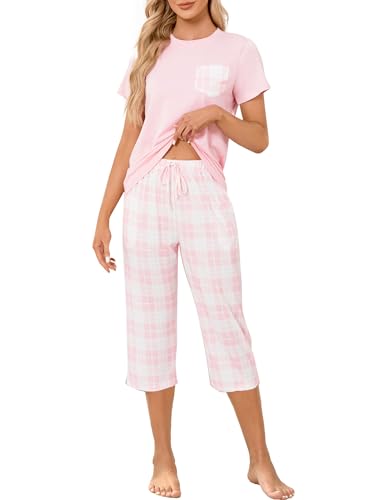 Reliwel Schlafanzug Damen Kariert Kurzarm Pyjama Set Zweiteiliger Top und 3/4 Lang Hose Pyjama Damen Kurz Hausanzug Sleepwear Nachtwäsche für Frühling Sommer Herbst von Reliwel
