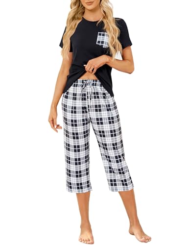 Reliwel Schlafanzug Damen Kariert Kurzarm Pyjama Set Zweiteiliger Top und 3/4 Lang Hose Pyjama Damen Kurz Hausanzug Sleepwear Nachtwäsche für Frühling Sommer Herbst von Reliwel