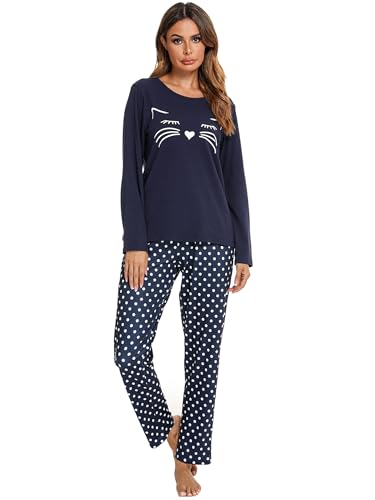Reliwel Schlafanzug Damen Lang Baumwolle Pyjama Set Zweiteiliger Rundhals Oberteil und Schlafanzughose Süßer Katzendruck Sleepewear Herbst Winter Hausanzug Freizeitanzug A#Blau, L von Reliwel