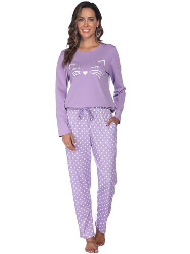 Reliwel Schlafanzug Damen Lang Baumwolle Pyjama Set Zweiteiliger Rundhals Oberteil und Schlafanzughose Süßer Katzendruck Sleepewear Herbst Winter Hausanzug Freizeitanzug A#Lila, L von Reliwel