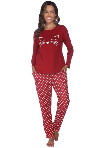Reliwel Schlafanzug Damen Lang Baumwolle Pyjama Set Zweiteiliger Rundhals Oberteil und Schlafanzughose Süßer Katzendruck Sleepewear Herbst Winter Hausanzug Freizeitanzug A#Rot, L von Reliwel