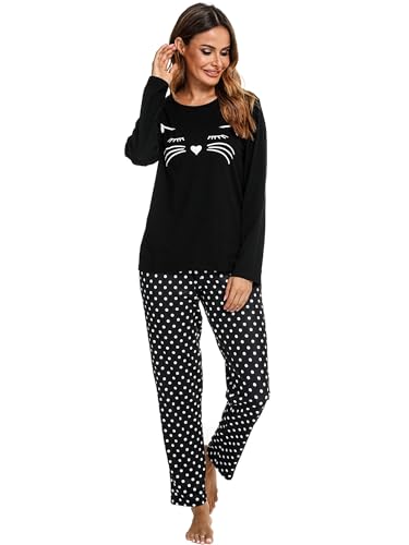 Reliwel Schlafanzug Damen Lang Baumwolle Pyjama Set Zweiteiliger Rundhals Oberteil und Schlafanzughose Süßer Katzendruck Sleepewear Herbst Winter Hausanzug Freizeitanzug A#Schwarz, XXL von Reliwel