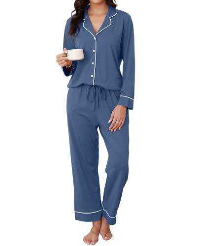 Reliwel Schlafanzug Damen Baumwolle mit Knopfleiste Pyjama Set Lang V-Ausschnitt Pyjamas Zweiteiliger Lang Loungewear Hausanzug PJs Bequemer Oberteil und Pyjamahose Blau, M von Reliwel