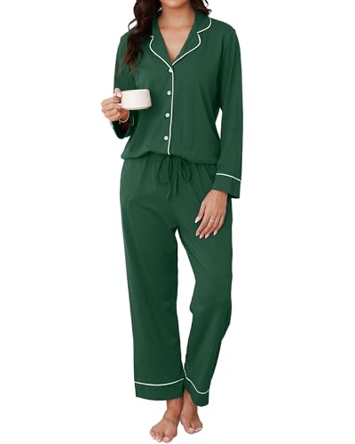 Reliwel Schlafanzug Damen Baumwolle mit Knopfleiste Pyjama Set Lang V-Ausschnitt Pyjamas Zweiteiliger Lang Loungewear Hausanzug PJs Bequemer Oberteil und Pyjamahose Grün, S von Reliwel