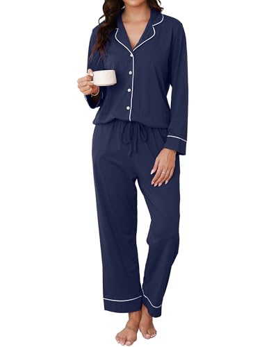 Reliwel Schlafanzug Damen Baumwolle mit Knopfleiste Pyjama Set Lang V-Ausschnitt Pyjamas Zweiteiliger Lang Loungewear Hausanzug PJs Bequemer Oberteil und Pyjamahose Marineblau, XL von Reliwel