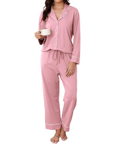 Reliwel Schlafanzug Damen Baumwolle mit Knopfleiste Pyjama Set Lang V-Ausschnitt Pyjamas Zweiteiliger Lang Loungewear Hausanzug PJs Bequemer Oberteil und Pyjamahose Rosa, S von Reliwel