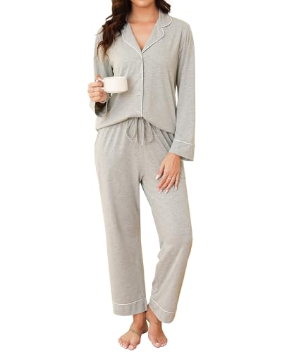 Reliwel Schlafanzug Damen Baumwolle mit Knopfleiste Pyjama Set Lang V-Ausschnitt Pyjamas Zweiteiliger Lang Loungewear Hausanzug PJs Bequemer Oberteil und Pyjamahose von Reliwel