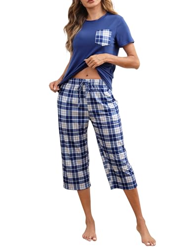 Reliwel Schlafanzug Damen Kariert Kurzarm Pyjama Set Zweiteiliger Top und 3/4 Lang Hose Pyjama Damen Kurz Hausanzug Sleepwear Nachtwäsche für Frühling Sommer Herbst von Reliwel