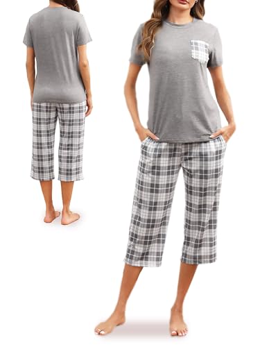 Reliwel Schlafanzug Damen Kariert Kurzarm Pyjama Set Zweiteiliger Top und 3/4 Lang Hose Pyjama Damen Kurz Hausanzug Sleepwear Nachtwäsche für Frühling Sommer Herbst von Reliwel