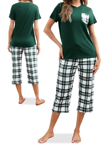 Reliwel Schlafanzug Damen Kariert Kurzarm Pyjama Set Zweiteiliger Top und 3/4 Lang Hose Pyjama Damen Kurz Hausanzug Sleepwear Nachtwäsche für Frühling Sommer Herbst von Reliwel
