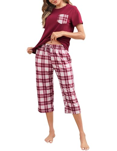 Reliwel Schlafanzug Damen Kariert Kurzarm Pyjama Set Zweiteiliger Top und 3/4 Lang Hose Pyjama Damen Kurz Hausanzug Sleepwear Nachtwäsche für Frühling Sommer Herbst von Reliwel
