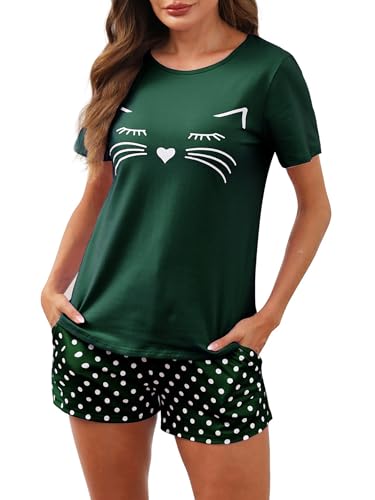 Reliwel Schlafanzug Damen Kurz Baumwolle Shorty Pyjama Damen Katzen Kurzarm Nachtwäsche Set Zweiteiliger Hausanzug Loungewear von Reliwel