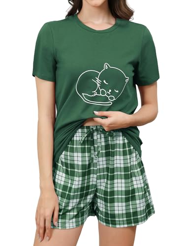 Reliwel Schlafanzug Damen Kurz Baumwolle Shorty Pyjama Damen KatzendruckT Shirt mit Karierten Shorts Sleepwear Hausanzug Loungewear A#Grün, XXL von Reliwel