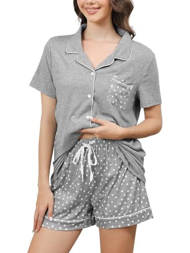 Reliwel Schlafanzug Damen Kurz Sommer Shorty Pyjama Damen Pyjama Baumwolle mit Knöpfen und Taschen Zweiteiliger Lounge Set Nachtwäsche Hausanzug Sleepwear Grau, S von Reliwel
