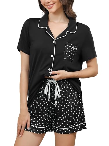 Reliwel Schlafanzug Damen Kurz Sommer Shorty Pyjama Damen Pyjama Baumwolle mit Knöpfen und Taschen Zweiteiliger Lounge Set Nachtwäsche Hausanzug Sleepwear Schwarz, M von Reliwel