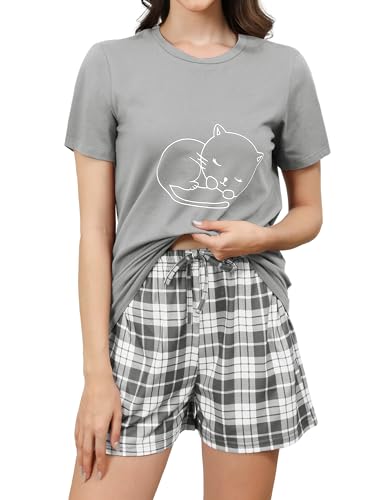 Reliwel Schlafanzug Damen Kurz Baumwolle Shorty Pyjama Damen KatzendruckT Shirt mit Karierten Shorts Sleepwear Hausanzug Loungewear A#Grau, M von Reliwel