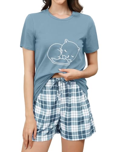 Reliwel Schlafanzug Damen Kurz Baumwolle Shorty Pyjama Damen KatzendruckT Shirt mit Karierten Shorts Sleepwear Hausanzug Loungewear A#Hellblau, S von Reliwel