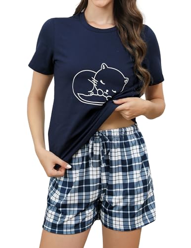 Reliwel Schlafanzug Damen Kurz Baumwolle Shorty Pyjama Damen KatzendruckT Shirt mit Karierten Shorts Sleepwear Hausanzug Loungewear A#Navy blau, XL von Reliwel