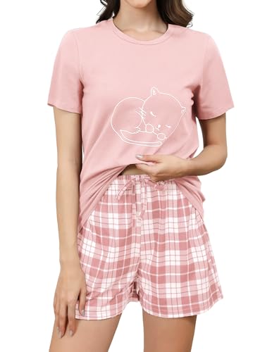 Reliwel Schlafanzug Damen Kurz Baumwolle Shorty Pyjama Damen KatzendruckT Shirt mit Karierten Shorts Sleepwear Hausanzug Loungewear A#Rosa, L von Reliwel