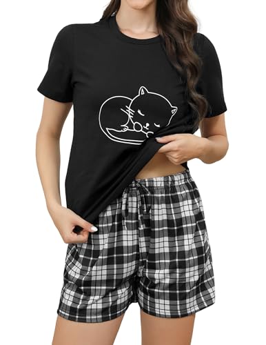 Reliwel Schlafanzug Damen Kurz Baumwolle Shorty Pyjama Damen KatzendruckT Shirt mit Karierten Shorts Sleepwear Hausanzug Loungewear A#Schwarz, L von Reliwel