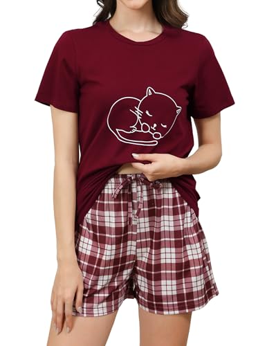 Reliwel Schlafanzug Damen Kurz Baumwolle Shorty Pyjama Damen KatzendruckT Shirt mit Karierten Shorts Sleepwear Hausanzug Loungewear A#Weinrot, XL von Reliwel