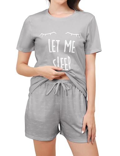 Reliwel Pyjama Damen Kurz Sommer Shorty Pyjama Set aus Baumwolle Zweiteilig mit Wimperndruck Zweiteiliger Rundhals Shirt und Shorts Nachtwäsche Loungewear B#Grau, S von Reliwel