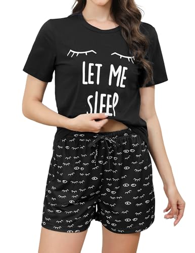 Reliwel Pyjama Damen Kurz Sommer Shorty Pyjama Set aus Baumwolle Zweiteilig mit Wimperndruck Zweiteiliger Rundhals Shirt und Shorts Nachtwäsche Loungewear B#Schwarz, M von Reliwel