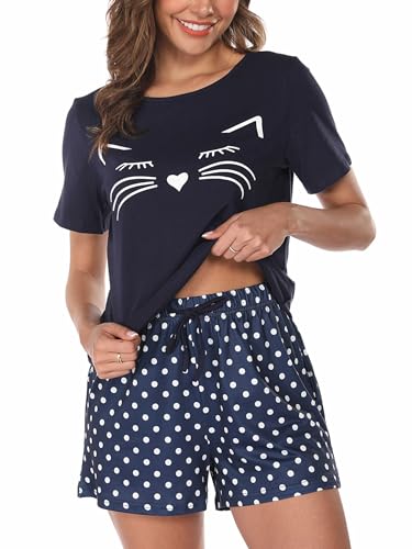 Reliwel Schlafanzug Damen Kurz Pyjama Set Baumwolle Zweiteiliger Nachtwäsche Sommer Sleepwear Hausanzug Frauen Loungewear Sets Kurzarm und Shorts mit Kordelzug & Seitentasche von Reliwel